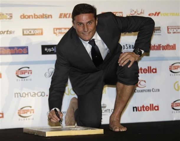 Javier Zanetti of Argentina signs his  foot mould